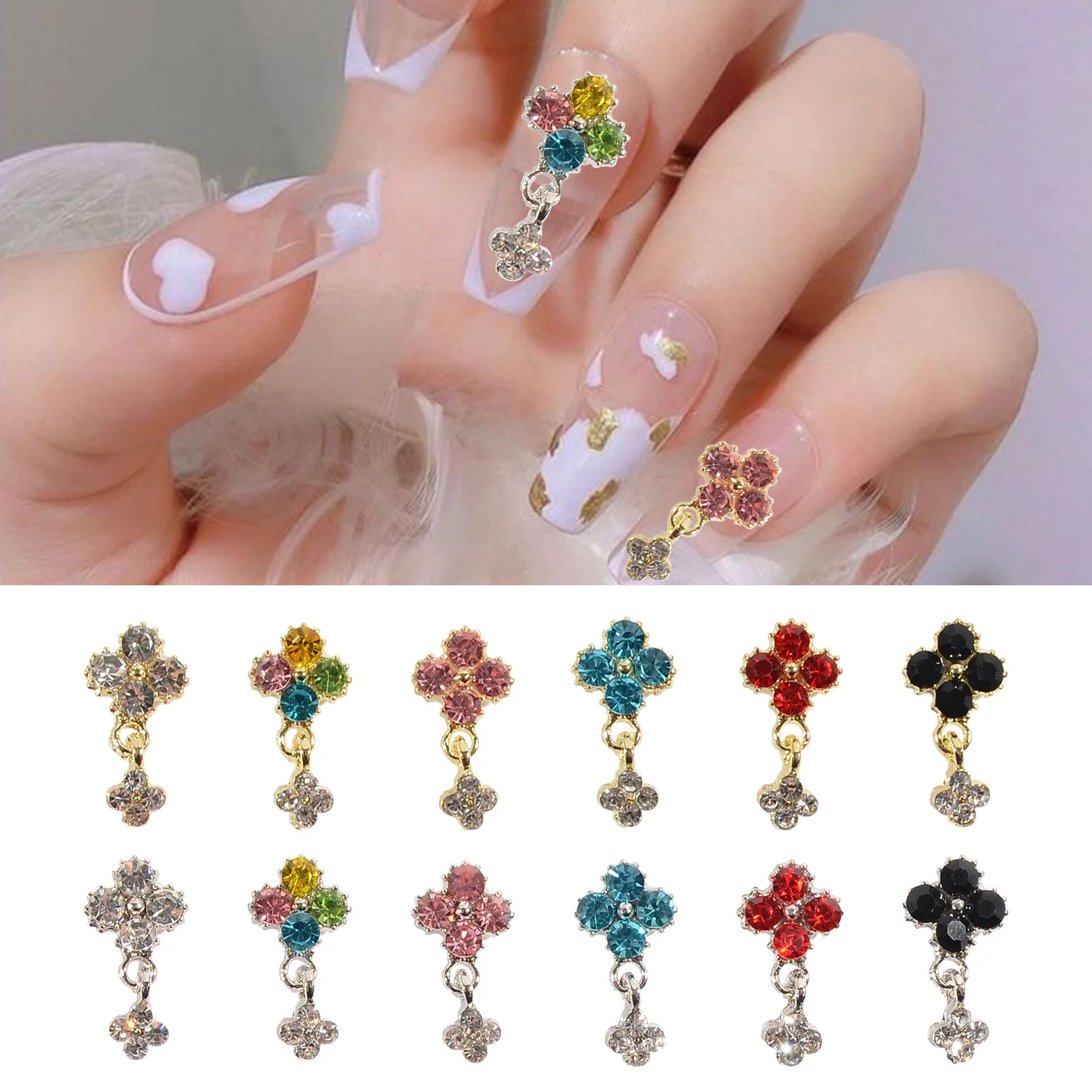 

20pcs Four-leaf Clover Rhinestone Nail Art Decorations DIY Alloy Pendant Nail Jewelry Colorful Micro-inlaid Nail Accessories