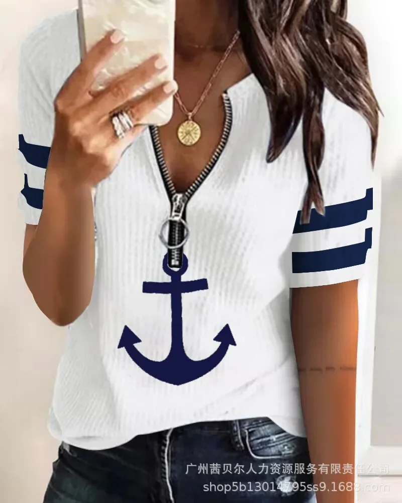 2024 Striped Letter Print Zip Front Short Sleeve T-shirt Women Spring Summer V Neck Blouse Top