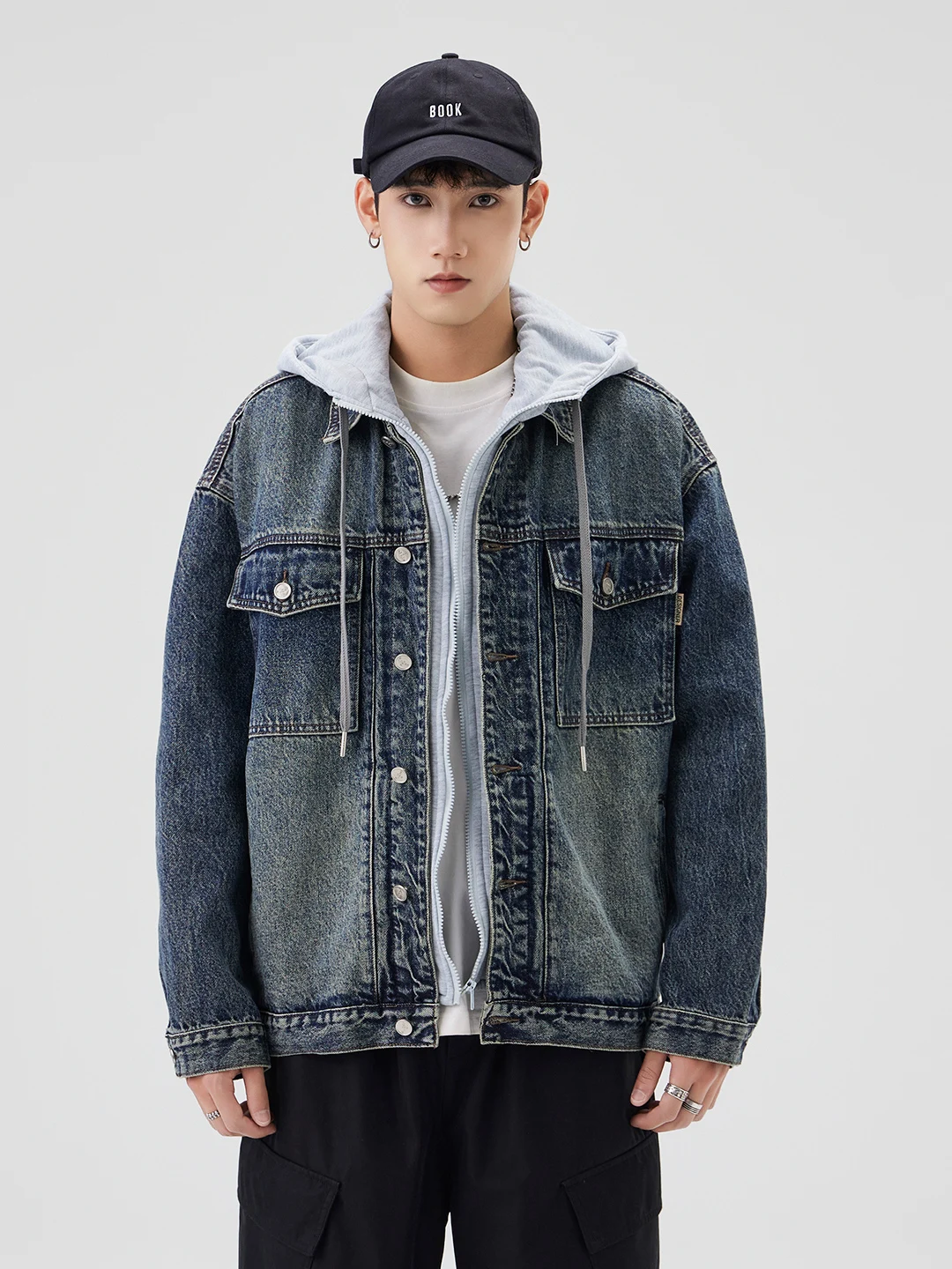 

High-End American Waed Denim Jaet Men's Spring Autumn Trendy Vintage Hooded Coat Cotton Polyester Blend Long Sve Zipper