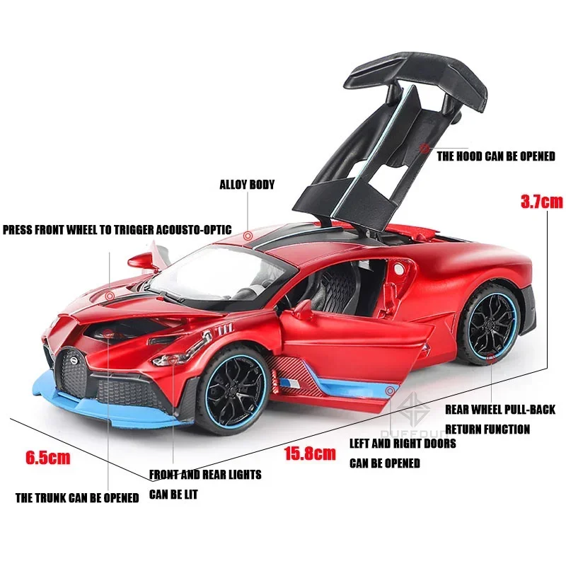 Coche de juguete Bugatti Divo de Metal fundido a presión, vehículo de juguete en miniatura con luz, juguetes para niños, Navidad, Gi, 1/32