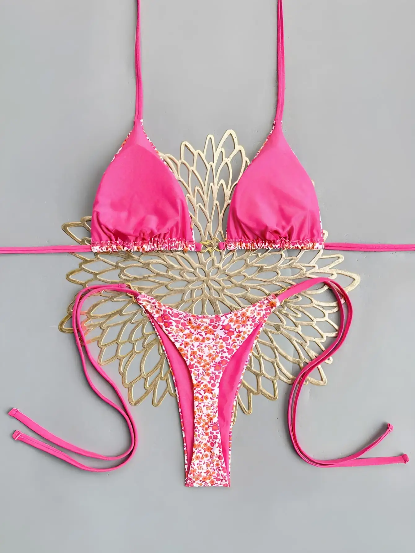 Women Padded Triangle Bikini Set Ditsy Floral Print Metal Ring Decor Side Tie High‑Cut Two‑Piece Beach Swimwear
