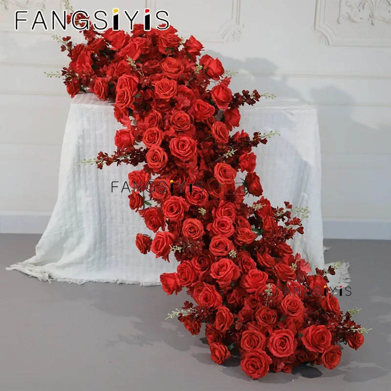 الاصطناعي الأحمر/الأبيض روز دلفينيوم زهرة صف عداء الزفاف خلفية ديكور الأزهار ترتيب الدعائم الطرف الجدول محور