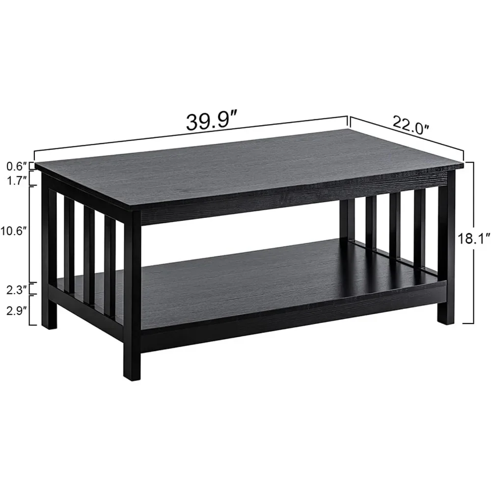 Mission coffee table, wooden living room table with shelves, 39.9 L x 22.0 W x 18.1 H inches