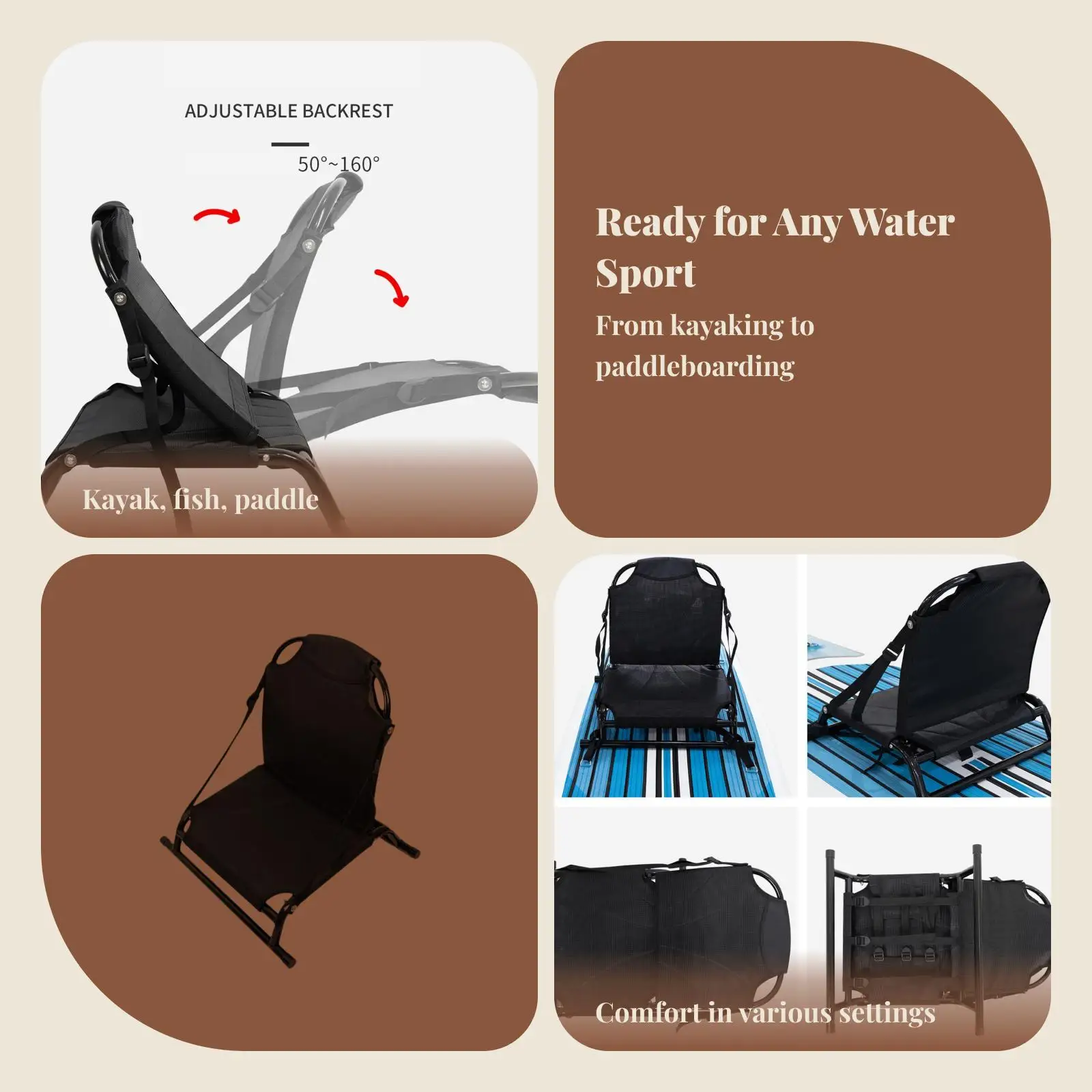 Kayak Seat Canoe Seat Beach Chair Anti Slip Breathable with Backrest for Fishing Paddle Board Stadium Drifting Kayaking
