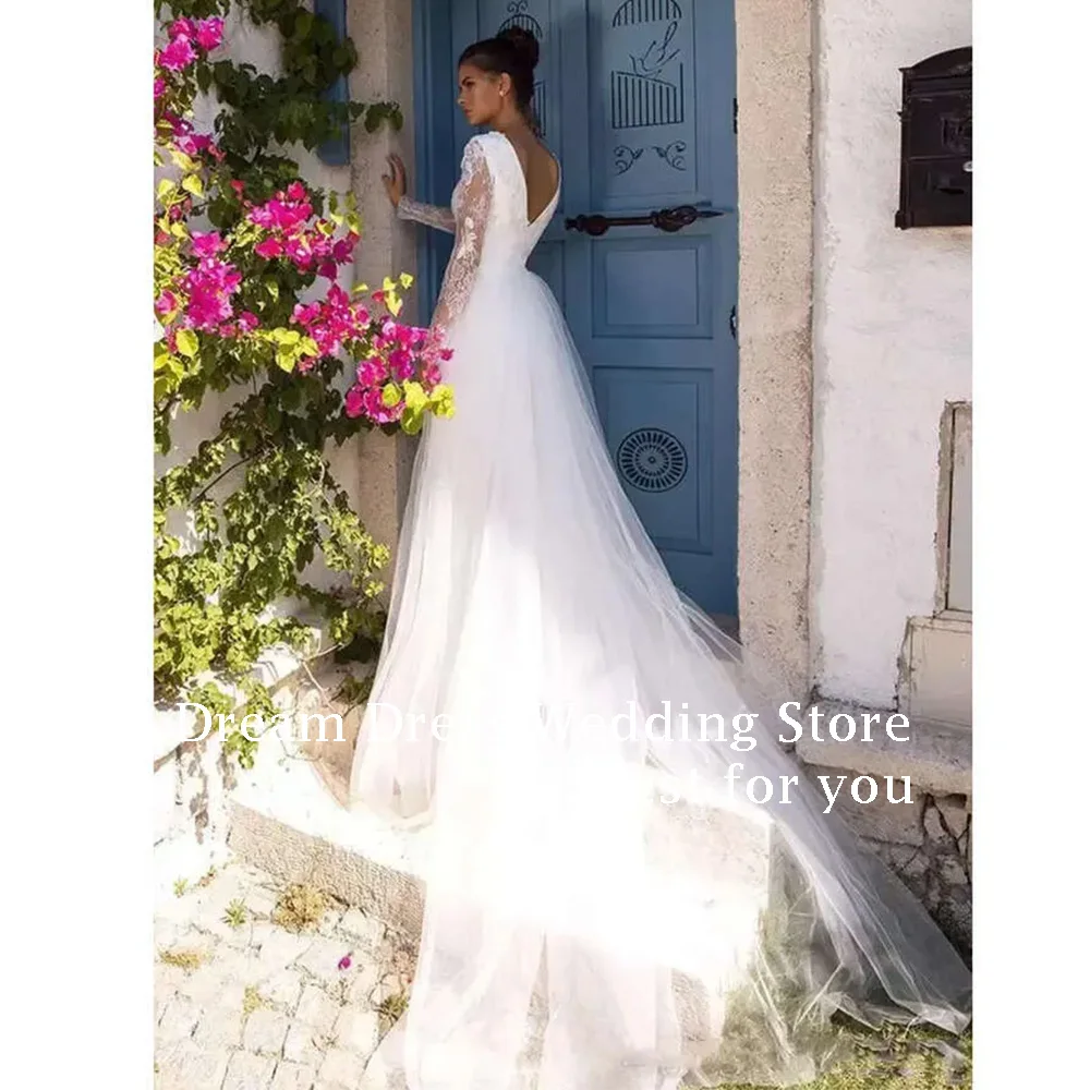 DREAM personalizado elegante blanco Vestidos De novia largos De encaje con cuello barco hasta el suelo vestido De novia Mujer Vestidos De Novias 2025