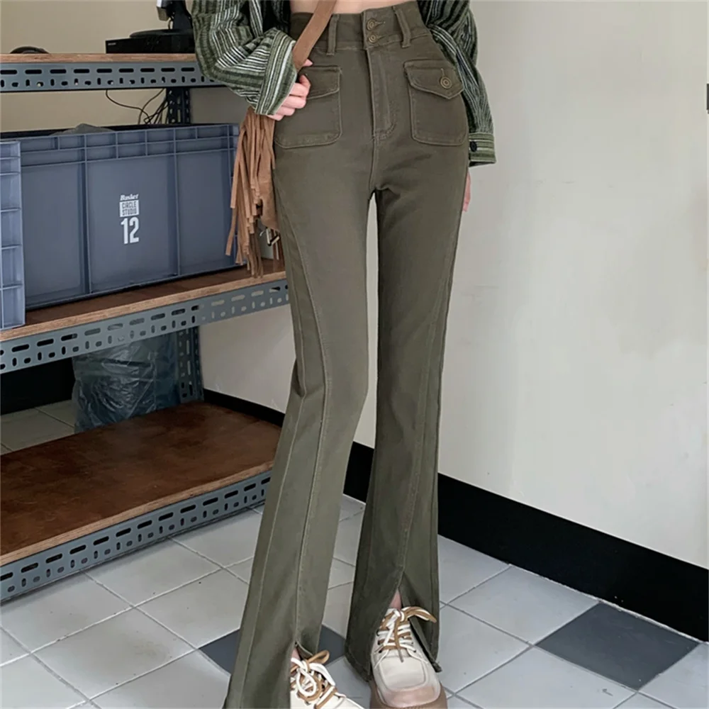 

Army Green Women Flare Pants Chic Spring New High Stretch 2023 Slim Office Lady Fashion Denim Casual Streetwear Jeans