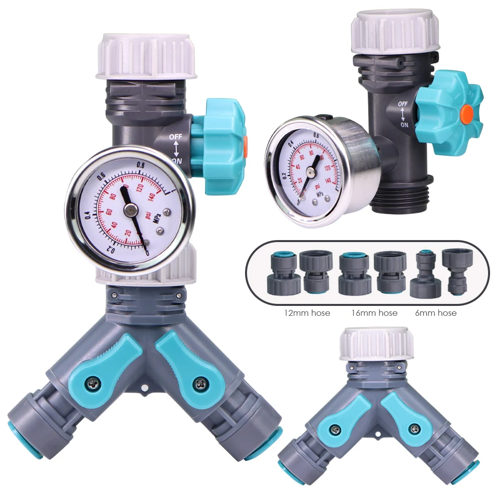 3/4'' x OD-6/12/16mm Faucet Tubing Coupling Adapter Adjustable Water Pressure Regulator with Gauge Meter Irrigation Accessories