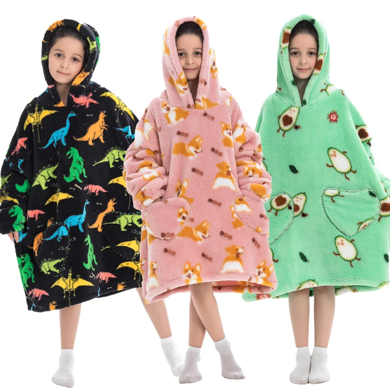 Winter Oversized Sherpa Blanket with Sleeves Blanket for Kids Girls Fleece Hoodie Blanket Sweatshirt Wearable Flannel Blankets