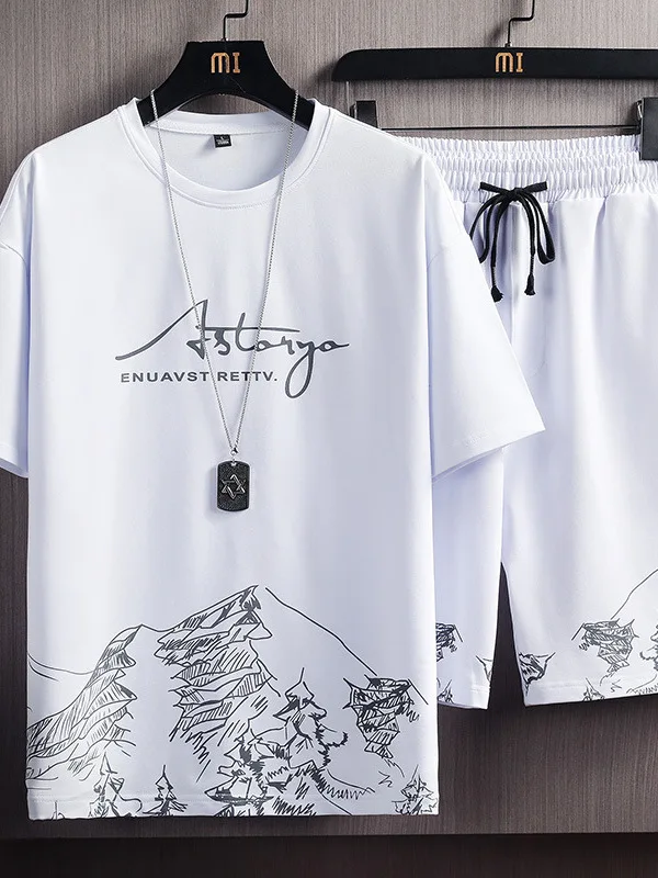 

Мужской повседневный комплект спортивной одежды с принтом: шорты и футболка для летнего отдыха, молодежный модный стиль, другие материалы, 100% [материал].