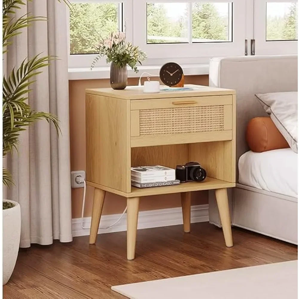 Nightstands Set of 2, Night Stands with Charging Station & Rattan Drawer, Boho Style Bed Side Tables with Solid Legs,  Natural