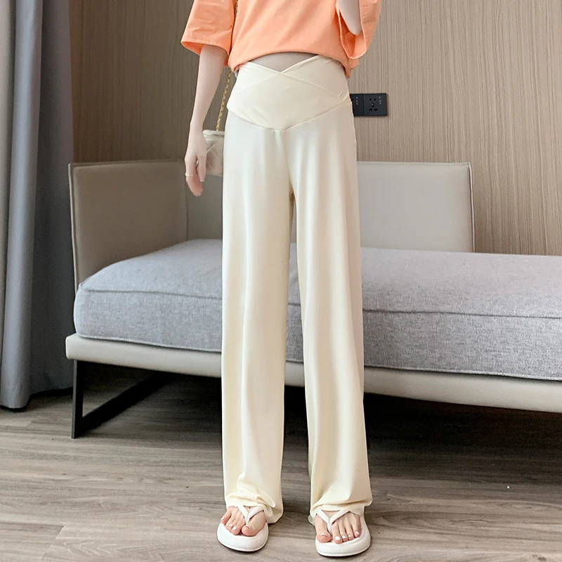 Maternity Woman Wide Leg Loose Straight Trousers Pants Casual Cool Thin Youth Pregnancy Trousers Low Waist Elastic First Pants