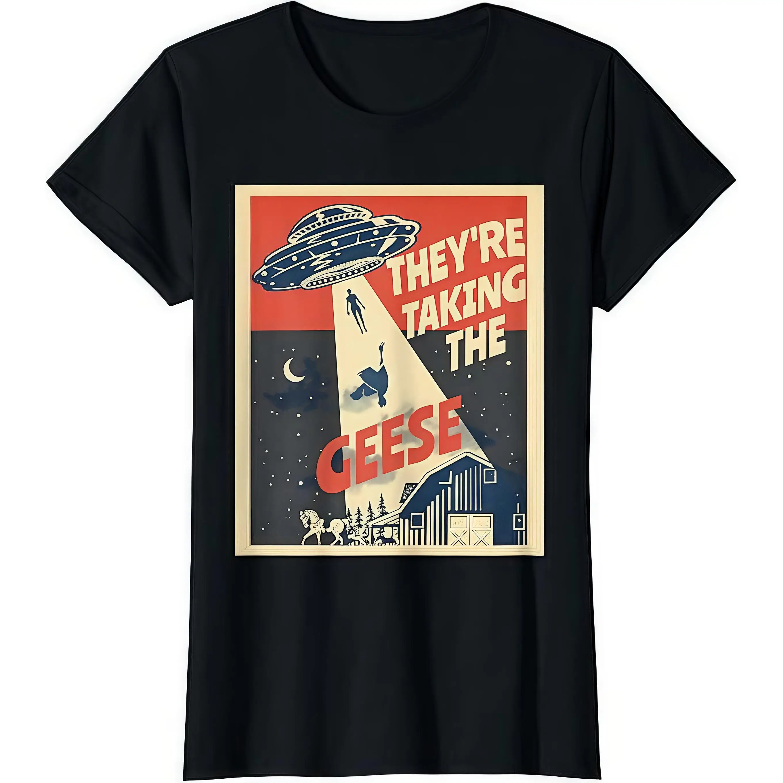 

"Funny UFO T-Shirt. Women Men Alien Abduction Graphic Tee. They're Taking The Geese Print Top. Vintage Sci-Fi Humor Gift."