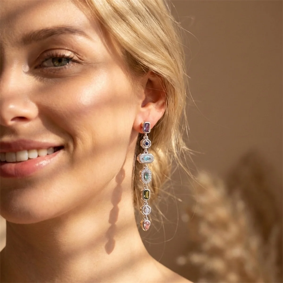 Buntes Zirkon-Schmuckset mit geometrischen Verbindungsstücken, Quastenanhänger, Halskette, Ohrringen und Armband für Damen und Herren, luxuriöses Edelstahl-Schmuckset – Detail 17