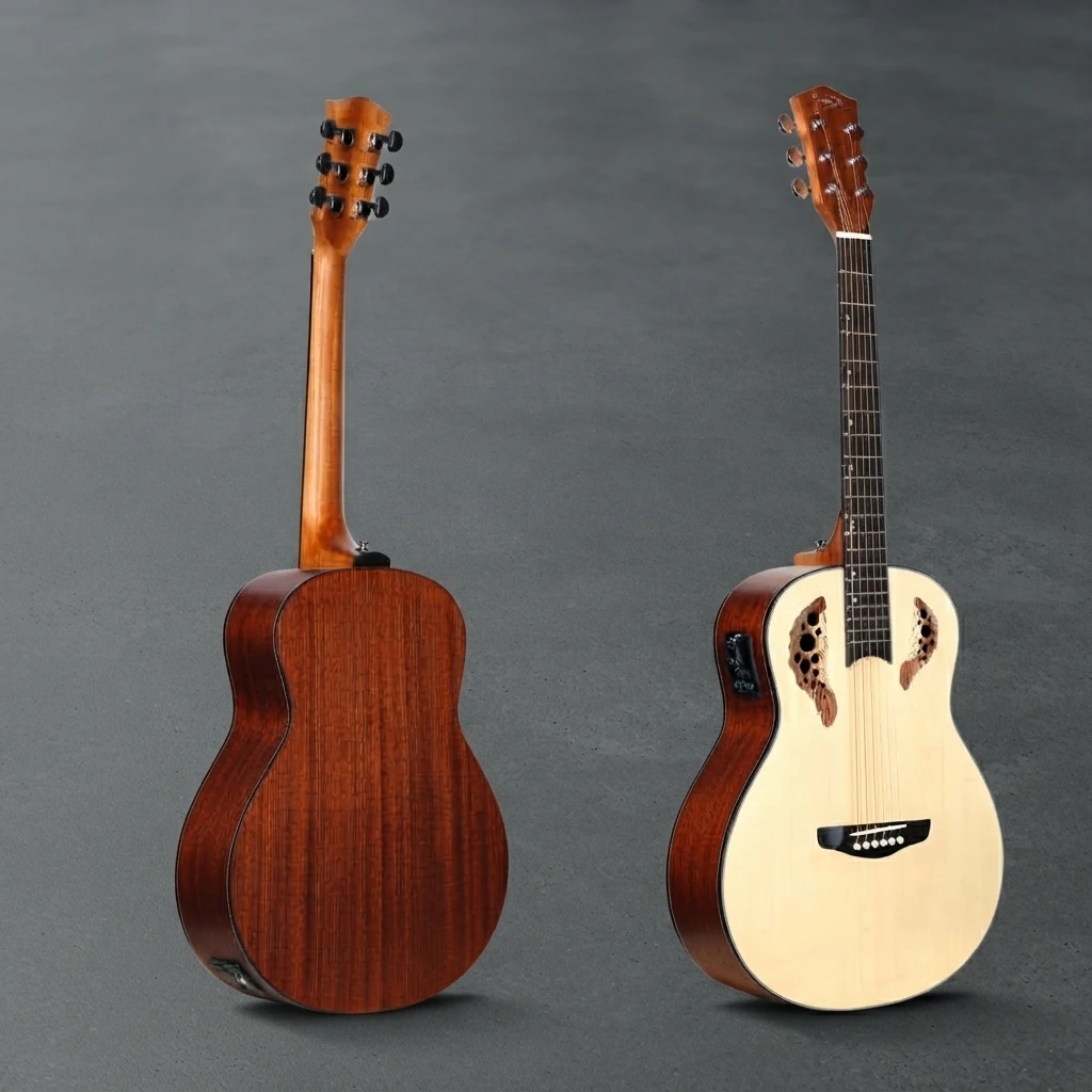 Multiple Leaf Soundholes Guitar, 6 String Acoustic Electric, Cutaway, Built-in Pickup, Chrome Tuners, White Binding for Stage