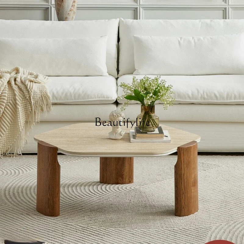 

ls 35French medieval solid wood coffee table small apartment rock slab round small tea table