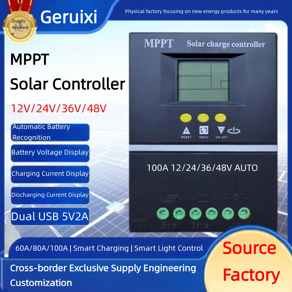 Smart MPPT Solar Charge Controller Auto Sensing 60A 80A 100A for 12V 24V 36V 48V Off-Grid Photovoltaic Systems