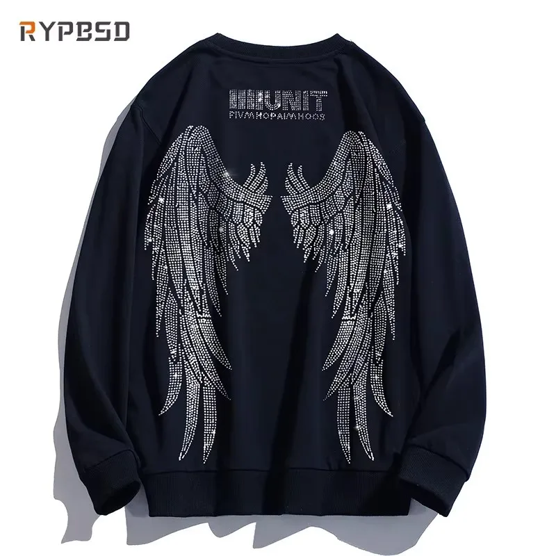 Men Oversized Black Crewneck Sweatshirt Luxury Brand Fashion Diamond Unisex Hip Hop Pullover Autumn Korean Streetwear Sweatshirt