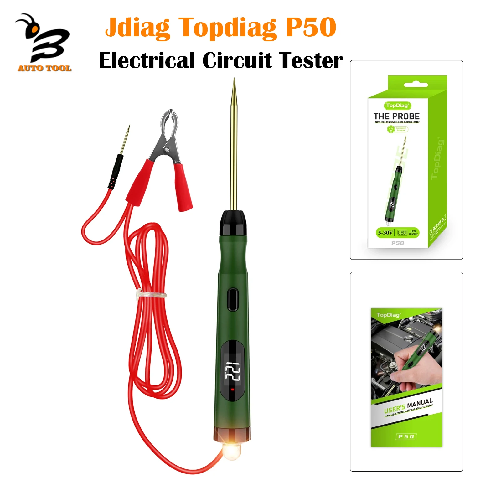 

JDiag P50 Topdiag P50 Car Electrical Circuit Tester Power Probe 5V-30V Digital Display Lamp Voltage Test Pen Auto Repair Tool