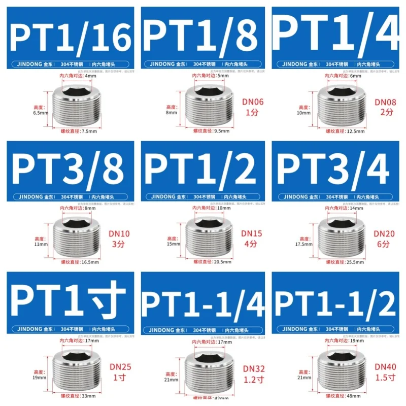 Male Thread 304 Stainless Steel Hex Socket End Cap Inner Hexagon Plug Oil Water Pipe Fitting BSPT / BSPP / NPT