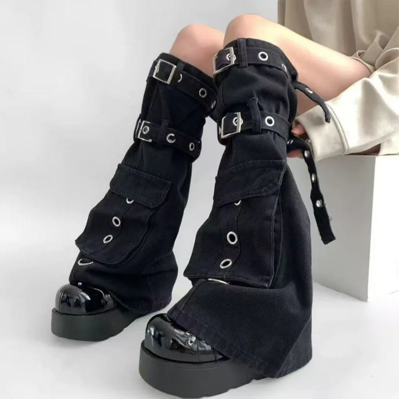y2kスタイルのファッショナブルなブラックデニムレッグカバー、女性用フロア丈パンツ、膝上に重ねて履くブーツとソックス、ミッドカーフソックス、トレンディ