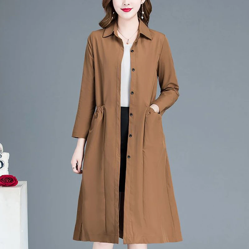 

Women Clothing Korean Fashion Retro Solid Long Sleeve Trench Coats Spring Autumn Office Lady Elegant Slim Single Breasted Jacket