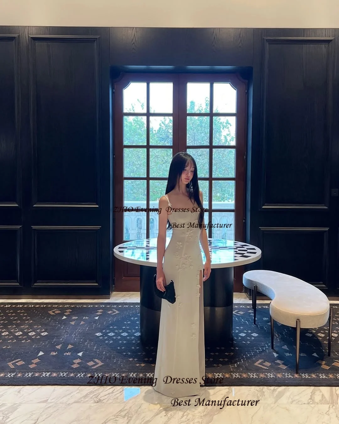 ZHIO الإمبراطورية الصينية الساتان زهرة يزين فستان الزفاف الكورية الحبيب طول الأرض بلا أكمام السباغيتي الأشرطة فستان حفلات #3