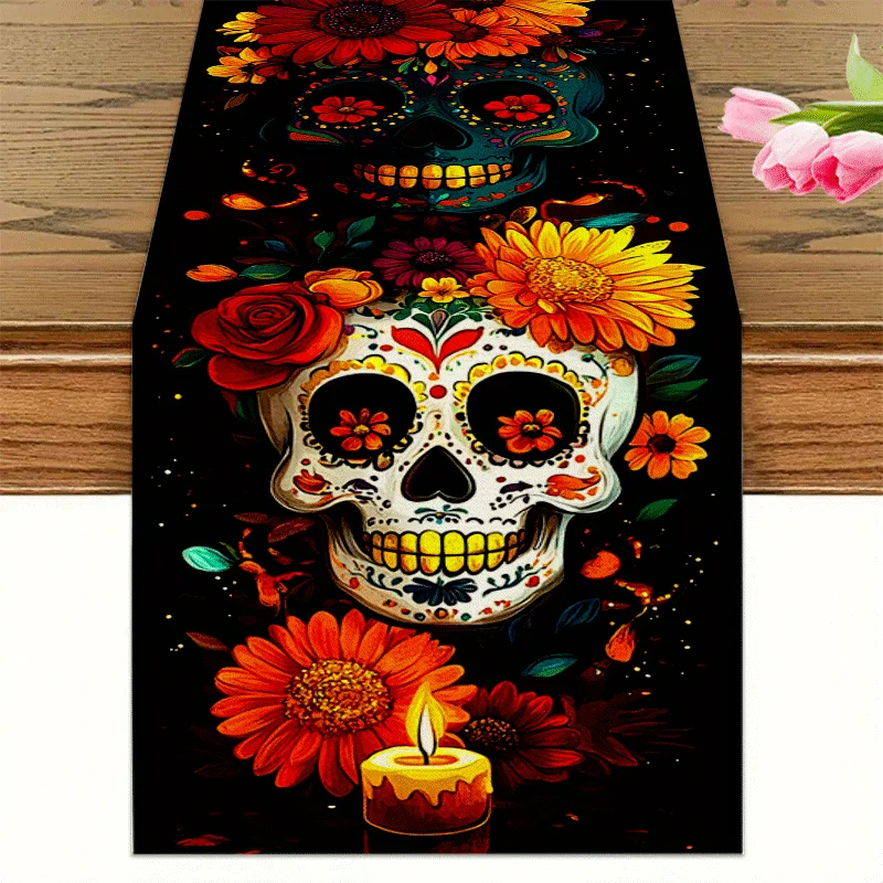 Mexican Skull Flower Day of The Dead Linen Table Runner Mexico Rose Marigold Dia De Los Muertos Table Runners Fiesta Party Decor