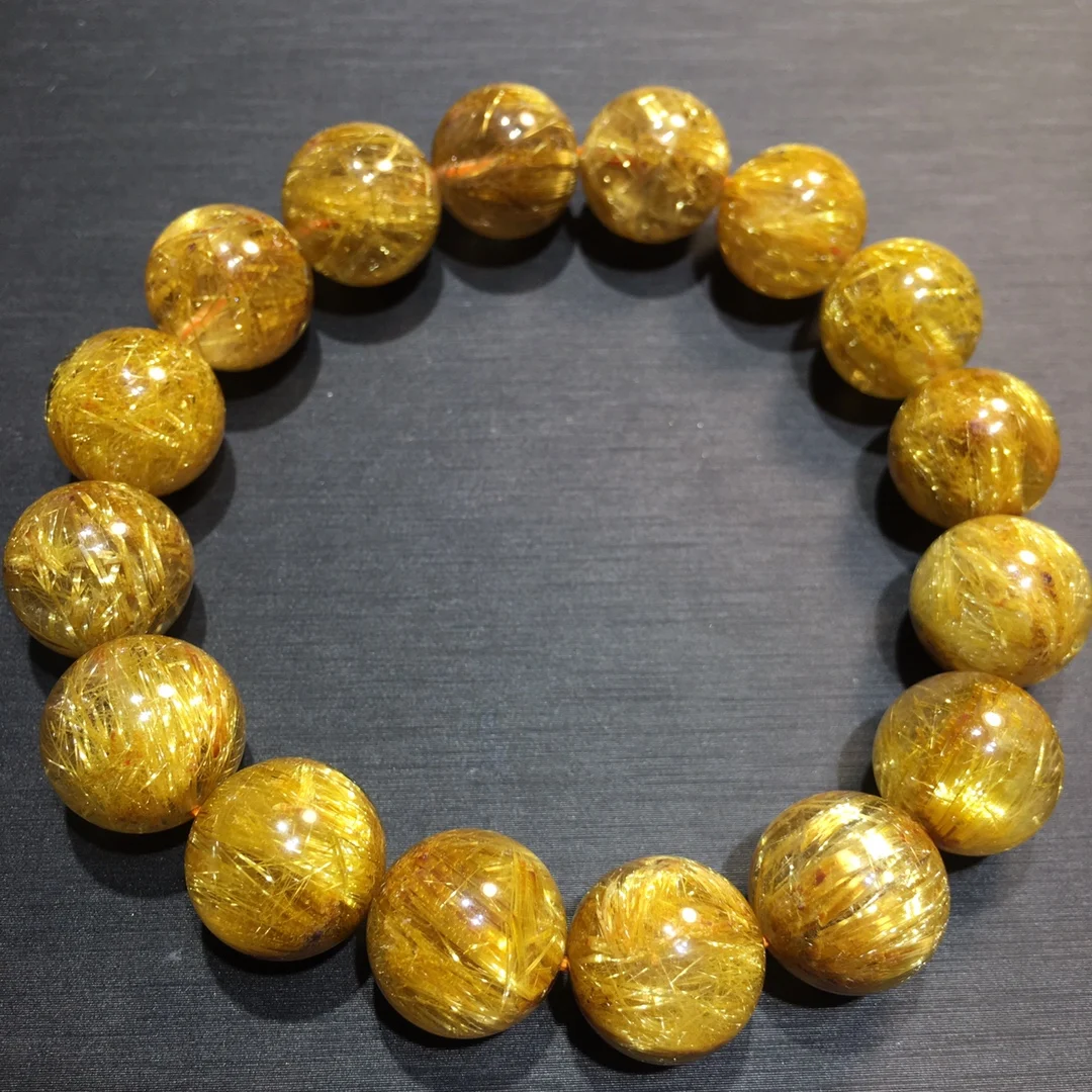 13mm Natural Gold Rutilated Quartz Bracelet Jewelry For Women Lady Men Wealth Gift Reiki Healing Crystal Round Beads Strands