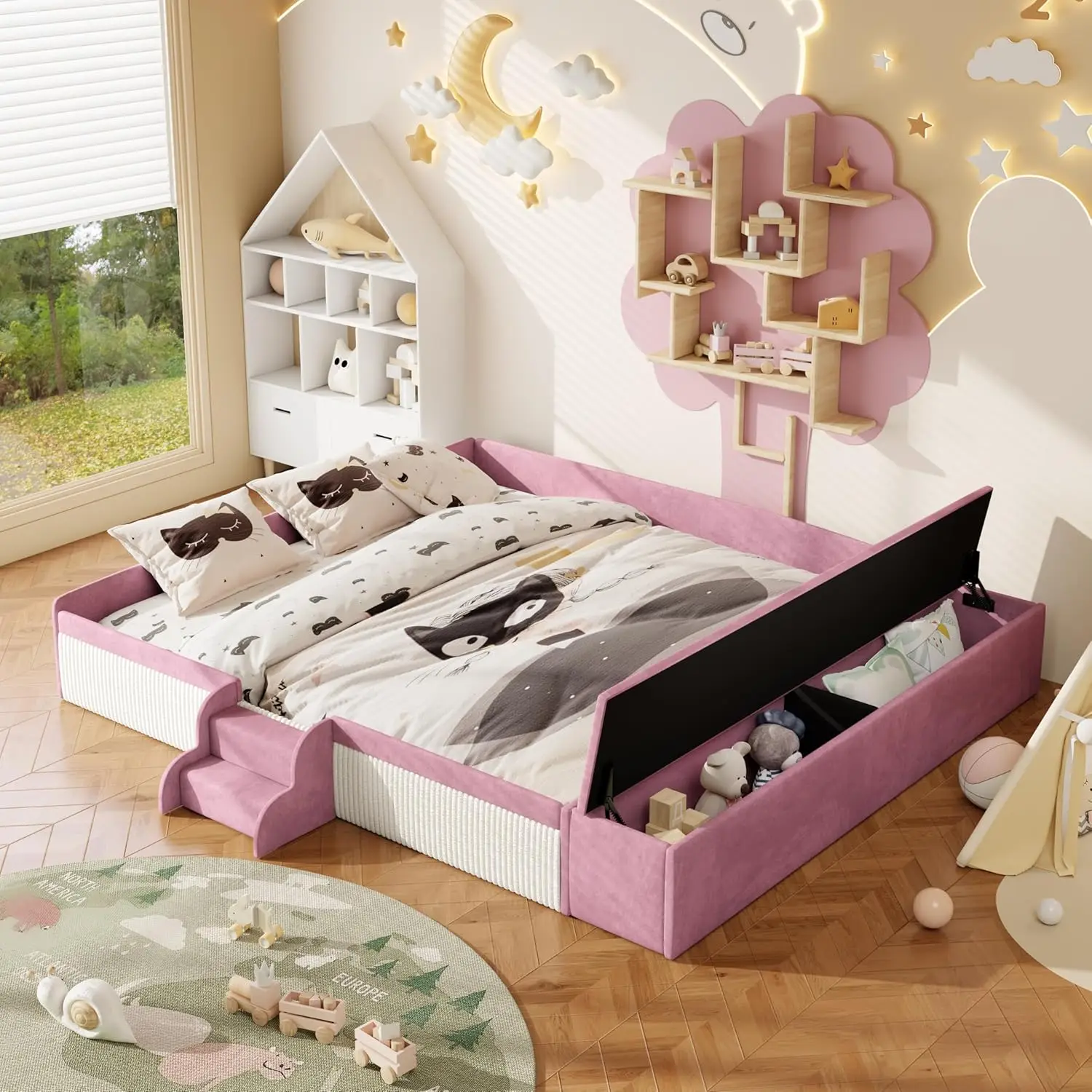 

King Size Upholstered Montessori Bed with Storage Ottoman and Padded Guardrails, Velvet Soft Floor Bed with Stairs, Customized