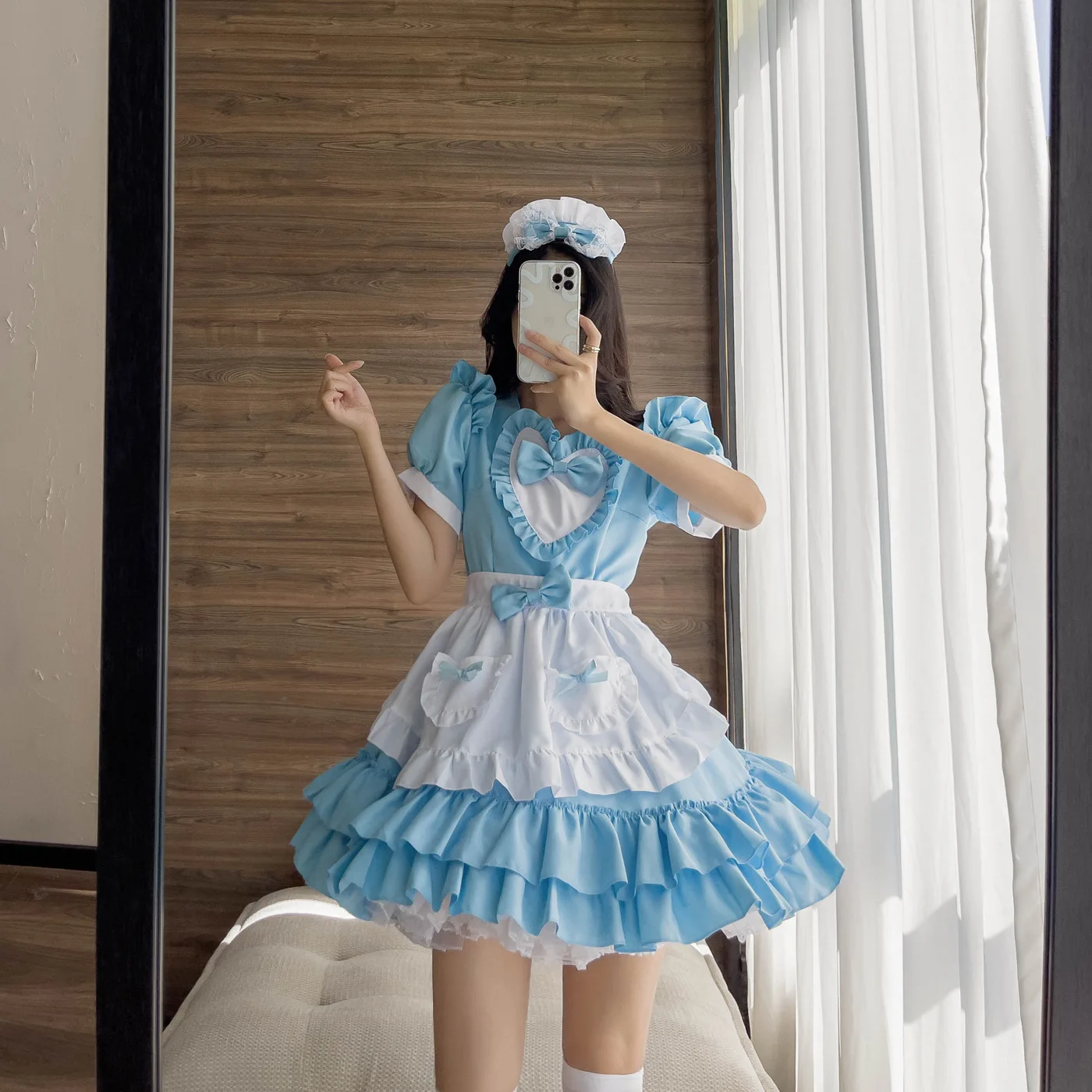 

Japanese Sexy Cream Sweetheart Maid Dress Blue Pure Lolita Dress anime cosplay love live cosplay