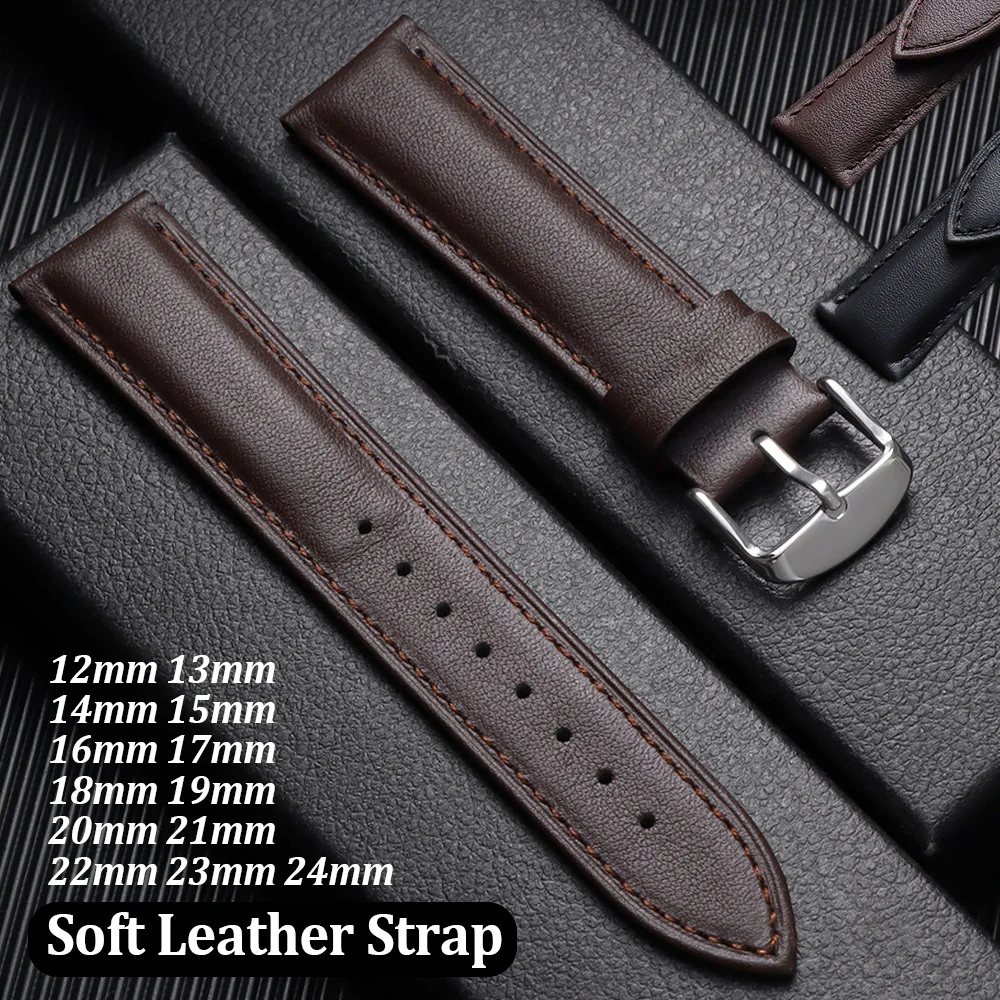 Bracelet 12/13/14/15/16/17/18/19/20/21/22/23/24mm Soft Leather Watch Strap Brown Black Watch Band Casual Men Women Wristbands