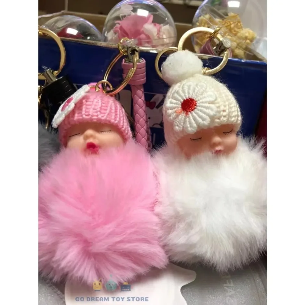 Cute Pompom Sleeping Baby Keychain Fluffy Plush Doll Fur Ball Car Key Ring Gift Bag Pendant Women Girl