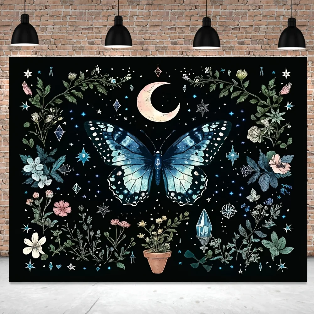 قطعة واحدة من نسيج البوهيمي مع قمر الفراشة والزهور، قماش بوليستر، قابل للغسل في الغسالة ومناسب لغرفة النوم وغرفة المعيشة #2