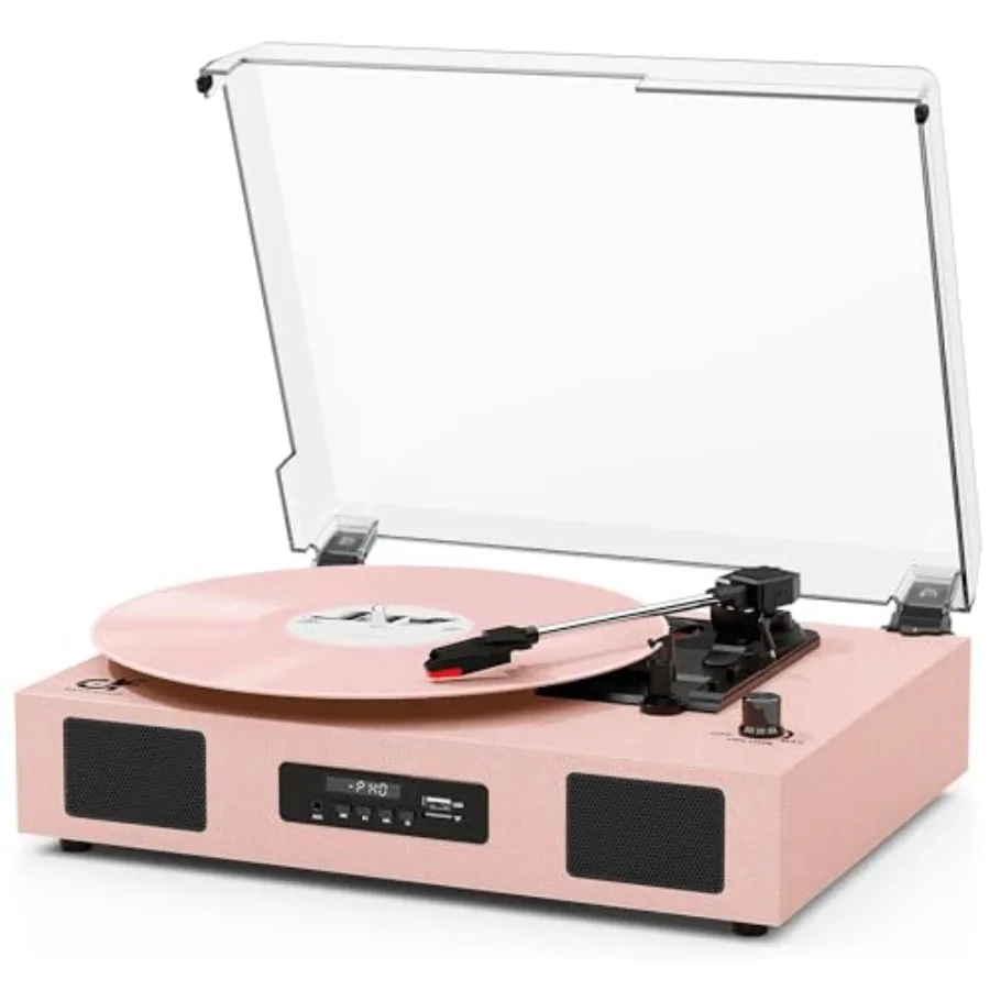 

Vintage Pink Vinyl Record Player with Wireless Bluetooth Enhanced Speakers USB Recording 3-Speed Belt Drive Turntable RCA Line-