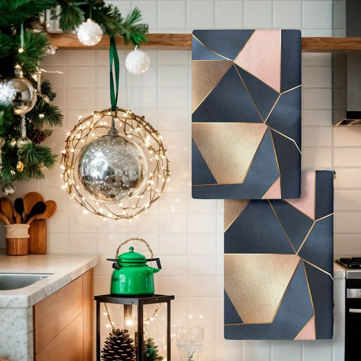 2 Buah Handuk Dapur Penyerap Lembut Handuk Piring Geometris Biru Merah Muda Kain Piring Kisi Dekorasi Liburan Kain Kering untuk Dapur