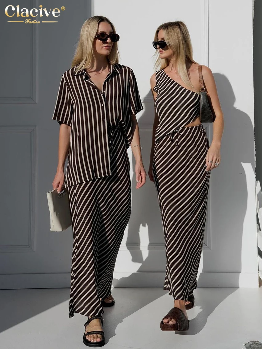 

Clacive Summer Slim Stripe Print 2 Piece Set Women Outfit 2024 Sexy One Shoulder Crop Top With High Waist Long Skirts Set Female