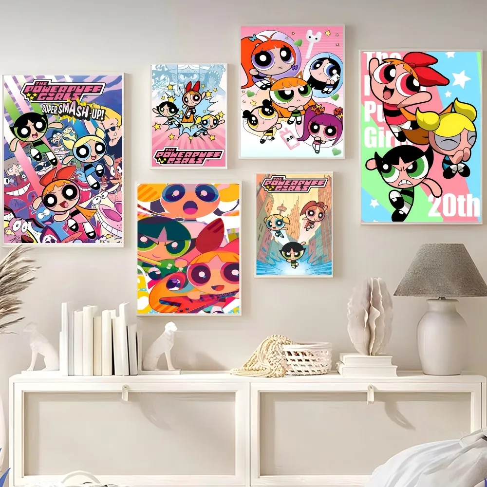 

Classic Cartoon T-The Powerpuff Girls Poster Self-adhesive Art Poster Retro Kraft Paper Sticker DIY Room Cafe Vintage Decorative