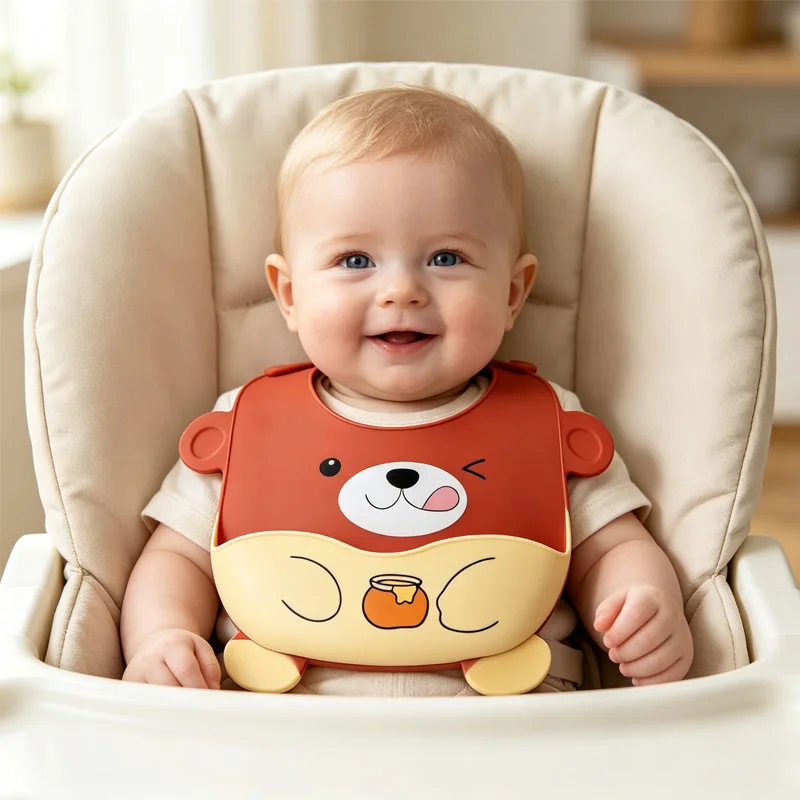 Cartoon Bear Silicone Baby Bibs Waterproof Feeding Bib With Deep Food Catcher Pocket Adjustable Snap Closure Infant Eating Apron