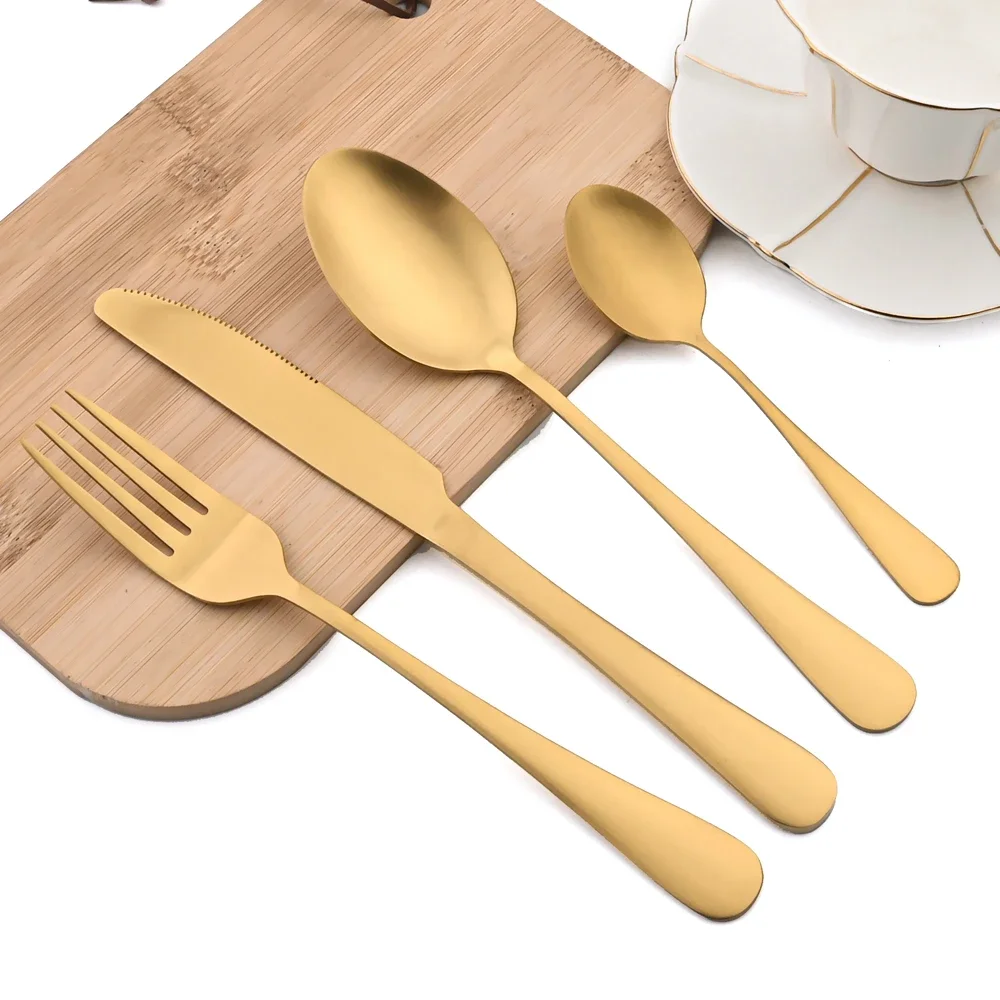 16pcs Stainless Steel Gold Dinnerware Set Knife Fork Spoon Teaspoon Flatware Matte Dishwasher Safe Kitchen Tableware Set