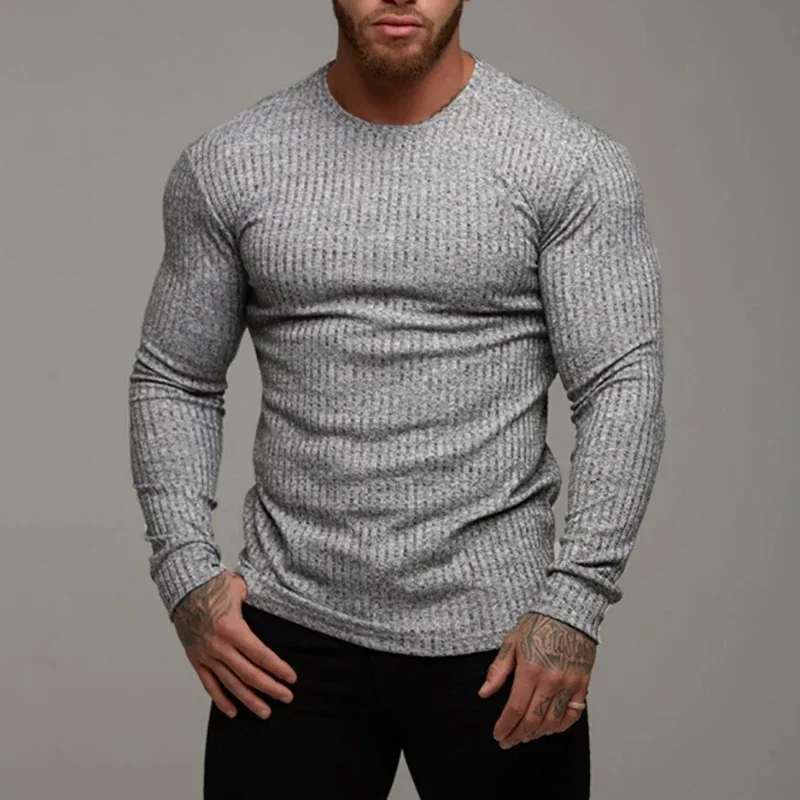 Wiosna jesień dzianinowe ćwiczenia z długim rękawem t-shirty męskie wokół szyi Slim Fit bieganie Casual trening gimnastyczny koszulki sportowe koszula