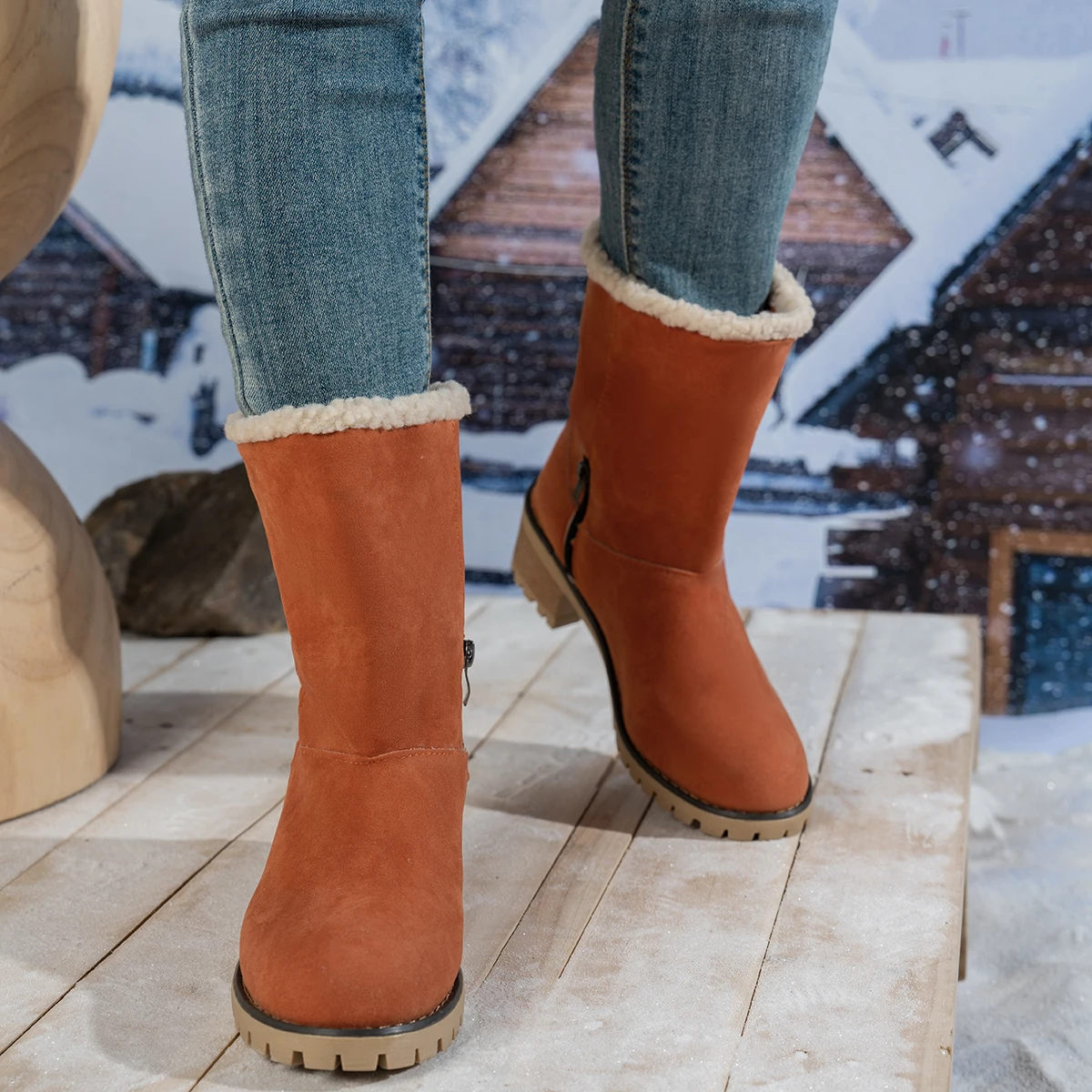 2025, neue Winter-heißer Verkauf, runde Zehen, bequeme Damenstiefel mit mittlerem Bein, modische, elegante Bankett-Schneeschuhe mit hohen Absätzen