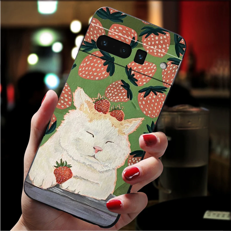 Strawberry Cat Phone Case For Google Pixel 10 9 Pro XL 9A 8 7 6 Pro Pixel 8A 7A 6A Pixel 8 7 6 5