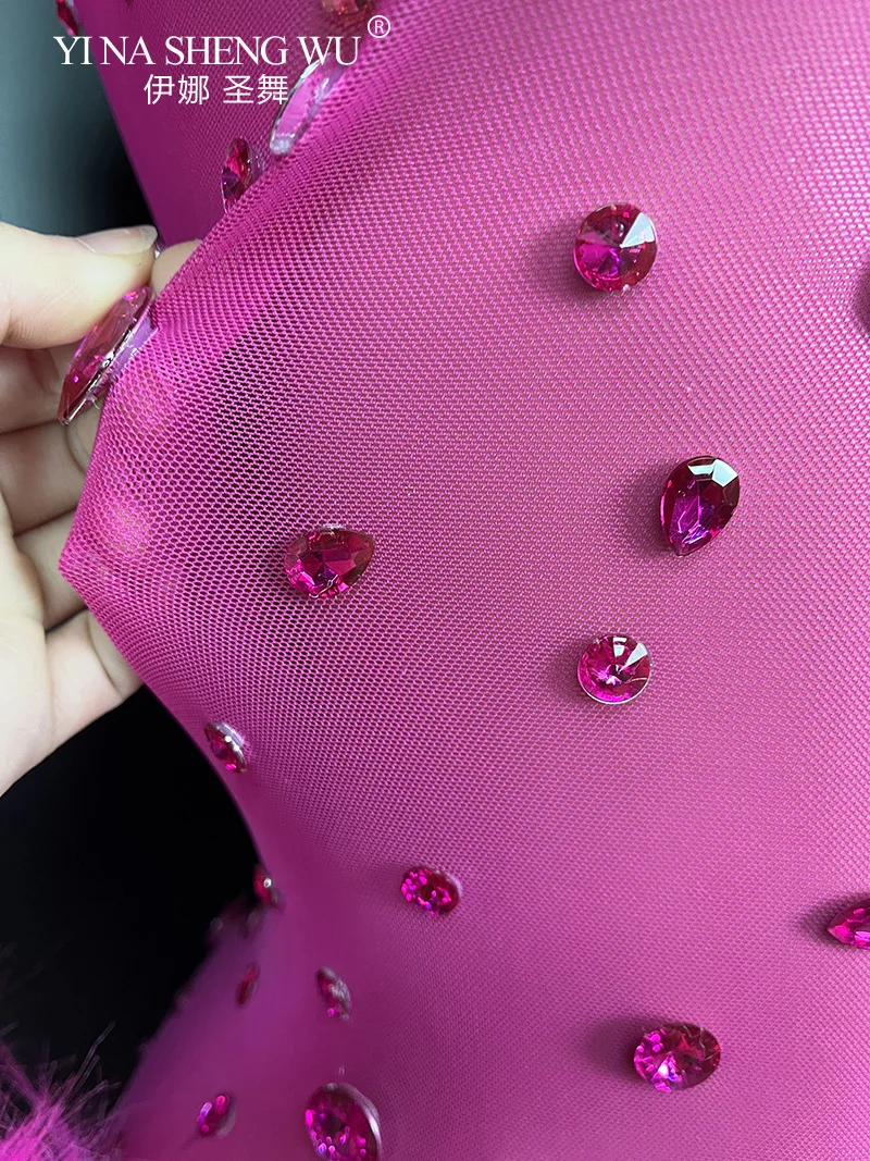 Vrouwen Sexy Mesh Bodycon Veren Stralende Kristallen Jumpsuits Nachtclub Party Verjaardag Prestaties Kostuum Stadium Slijtage Guibin