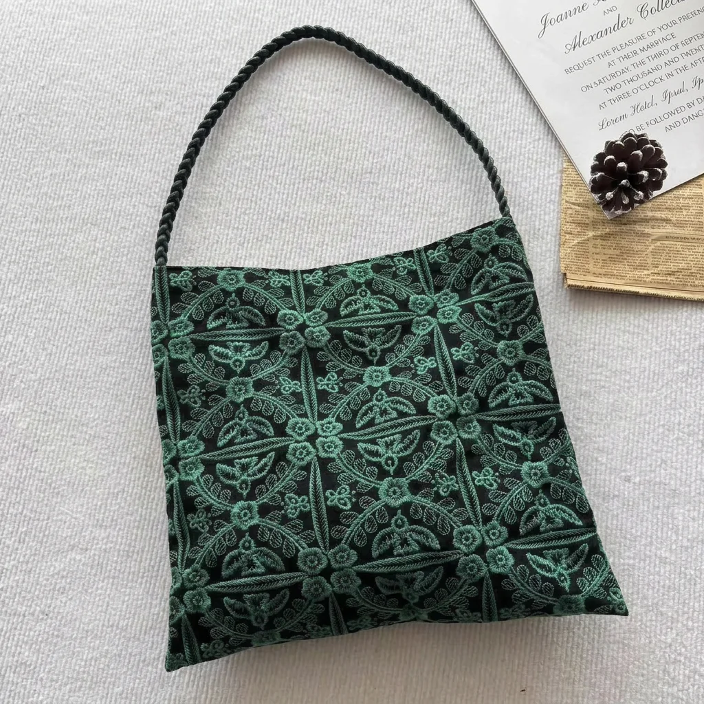 

Braided Strap Bag Green Canvas Tote Bag Floral Embroidered Handbag Original Casual Tote Bag For Commuting Shopping Daily Outings