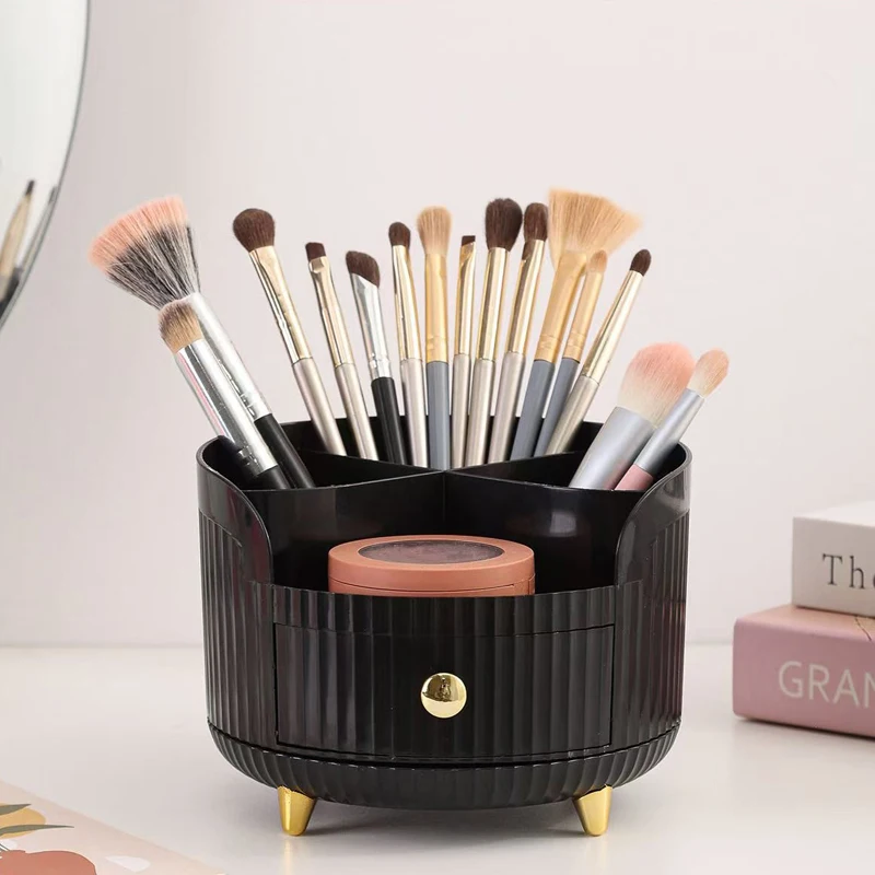 حامل فرشاة دوار لتنظيم المكياج مع أدراج صغيرة لتخزين مستحضرات التجميل الفاخرة لإسفنجة أحمر الشفاه