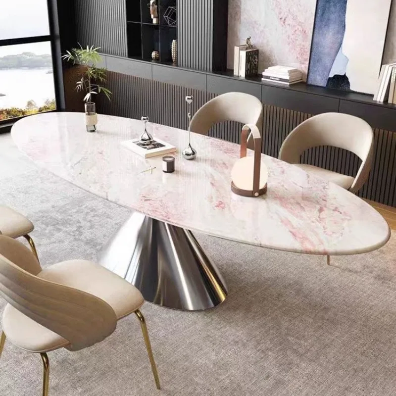 Luxury Stainless Steel Dining Table with Natural Marble Top Blue Crystal Inlay Rainbow Rose Design Oval Shape for Elegant Home