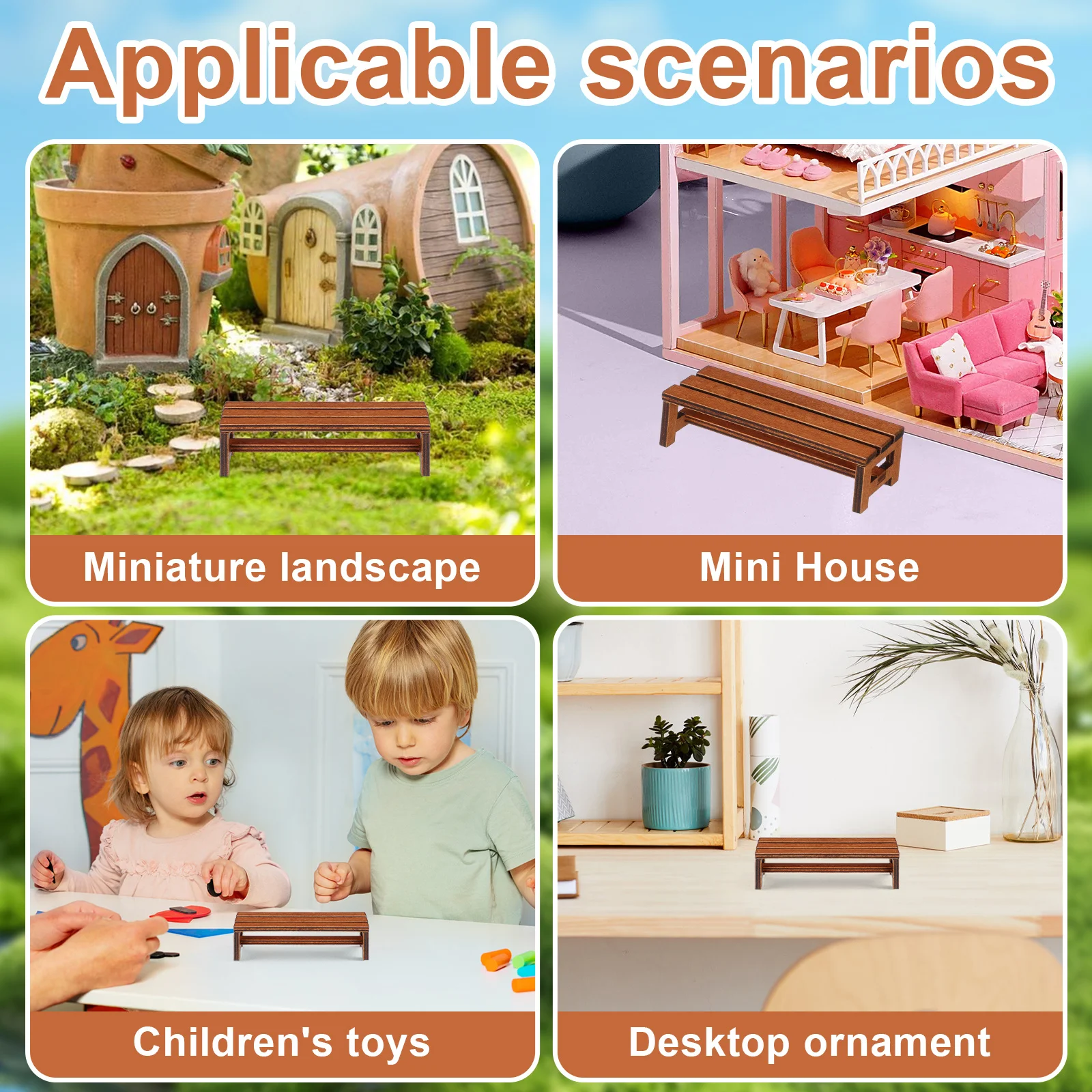 Banco de madera en miniatura, muebles para casa, decoración de parque, accesorios para el hogar, estantería en miniatura, banco realista para dormitorio, 2 uds.