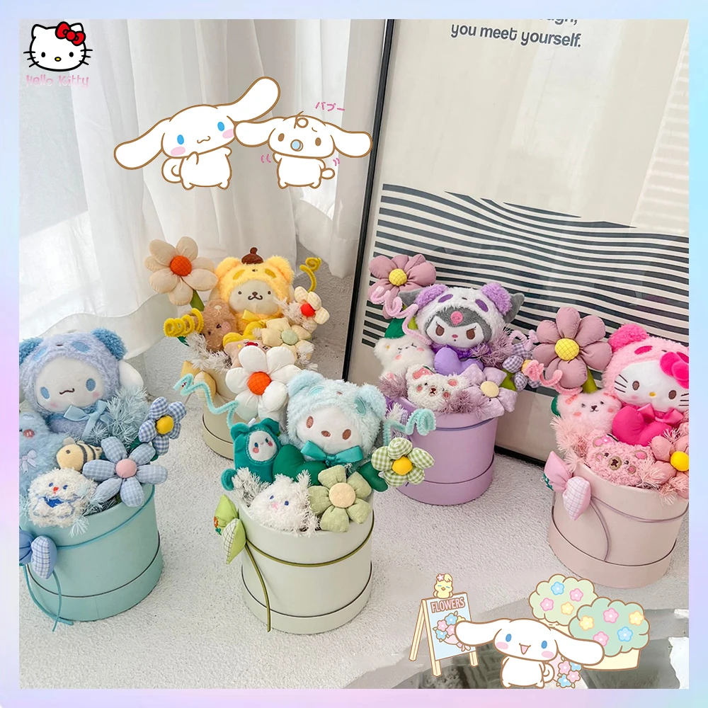 อะนิเมะ Sanrios Hello Kitty Kuromi กระบอกตุ๊กตา Plush Bouquet พร้อม Light Kawaii Cinnamoroll ตุ๊กตาน่ารักเทศกาลแฟนของขวัญ