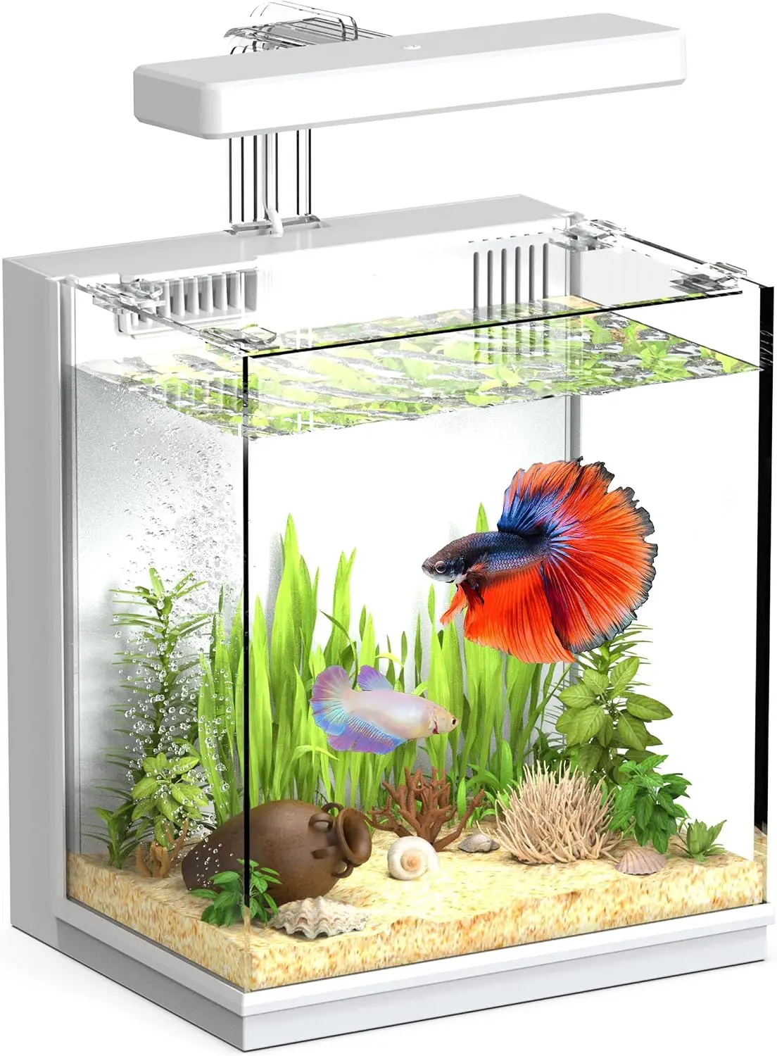 All-in-One 2 Gallon Fish Tank Kit for Betta – Quiet Pump, 3-Stage Filtration, Easy Water Changes, Ideal Self-Care Aquarium for Beginners & Kids (White)