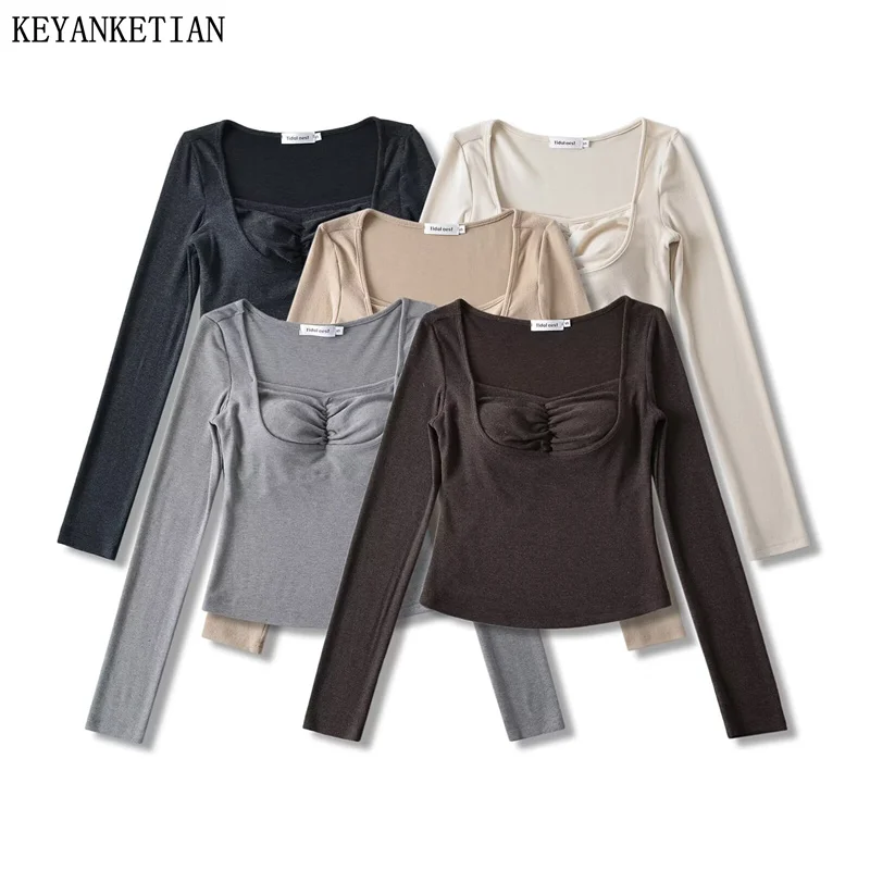 

KEYANKETIAN 2024 New Launch Women's Chest Pad Design Long Sleeve Knit T-Shirt Spring Basic Hot sweet Slim Crop Top Skinny Tees